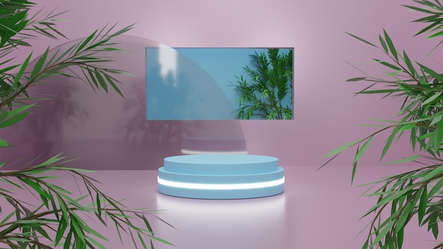 3d render podio azul sobre fondo rosa con hojas