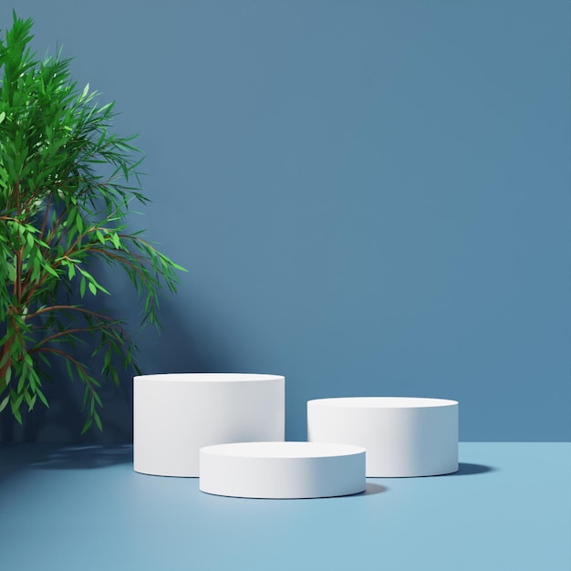 3D render podio blanco con árbol sobre fondo azul