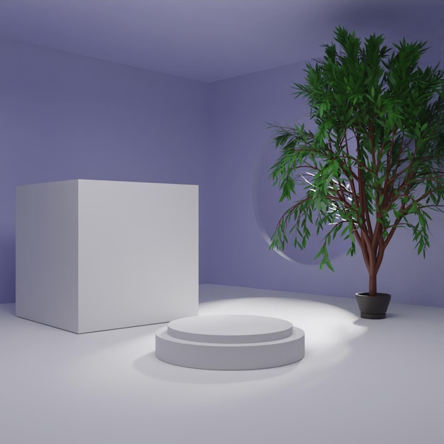 PSD 3d render podio blanco con árbol sobre fondo púrpura