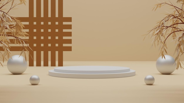 3D Render podio blanco sobre fondo naranja. Representación superior