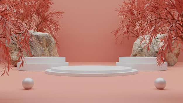 3d render podio blanco sobre fondo rojo. procesamiento premium