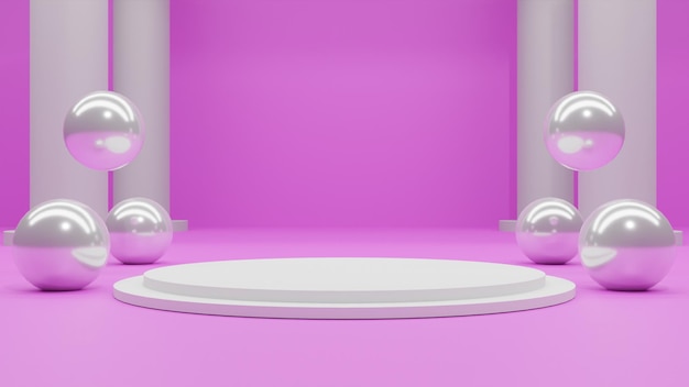 3D render podio blanco sobre fondo rosa