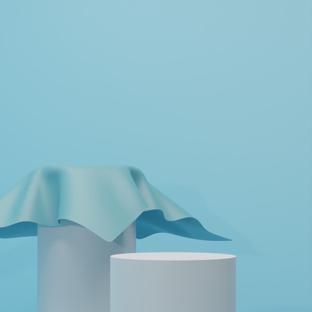 3D render podio blanco vacío con tela azul