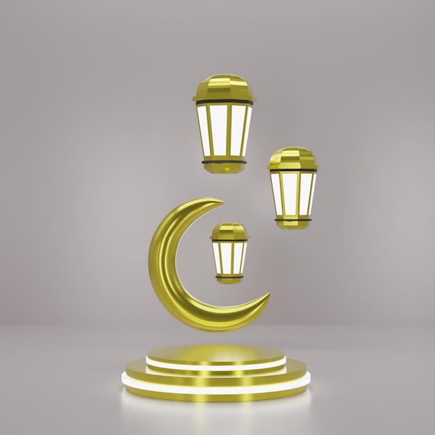 3D render pódio de ouro com lanterna de ouro do ramadã