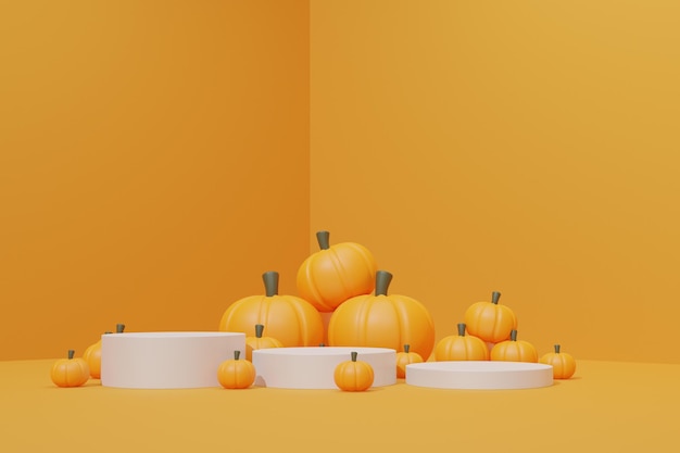 3d render podio de halloween con calabaza