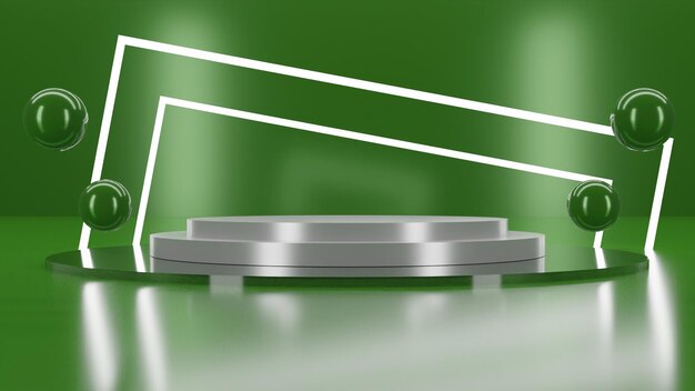3D render podio metálico con bolas sobre fondo verde