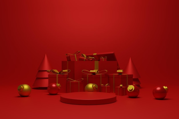 3d render podio rojo navidad para presentación de producto