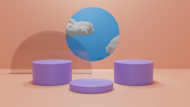 3D render pódio roxo com nuvem