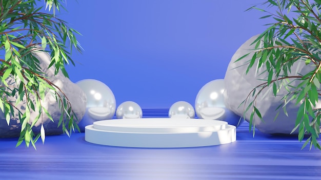 3d render podio vacío blanco con roca sobre fondo azul