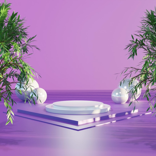 3D render podio vacío blanco sobre fondo púrpura