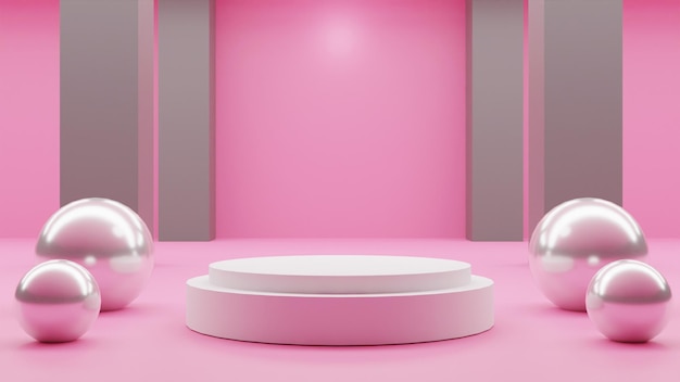 3d render podio vacío con bolas sobre fondo rosa