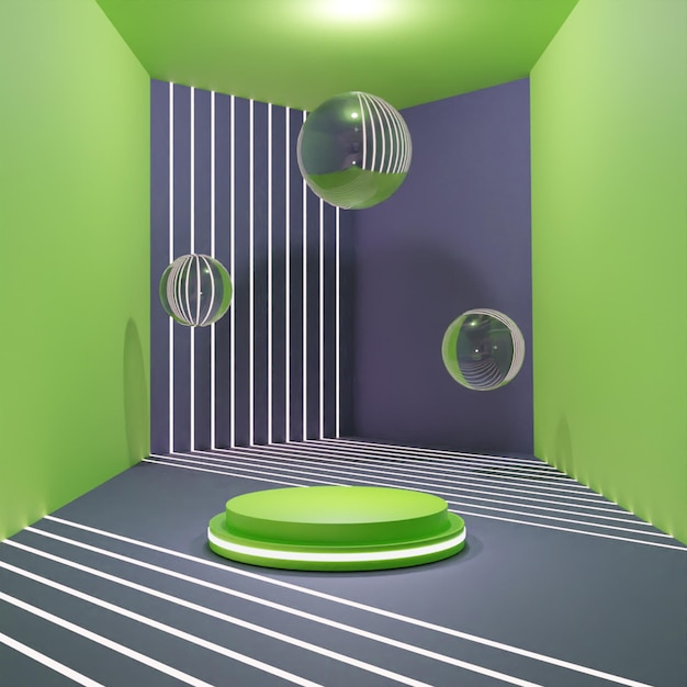 3D render podio verde sobre fondo negro de alta calidad