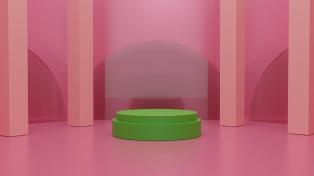 3D render podio verde sobre fondo rosa