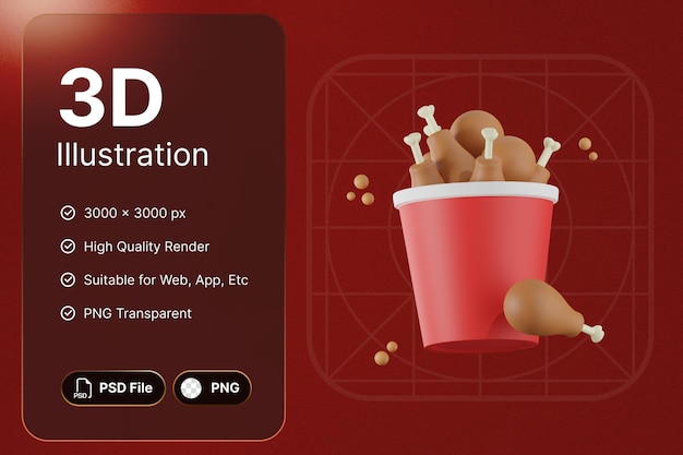 3d render pollo frito comida rápida concepto moderno icono ilustraciones diseño