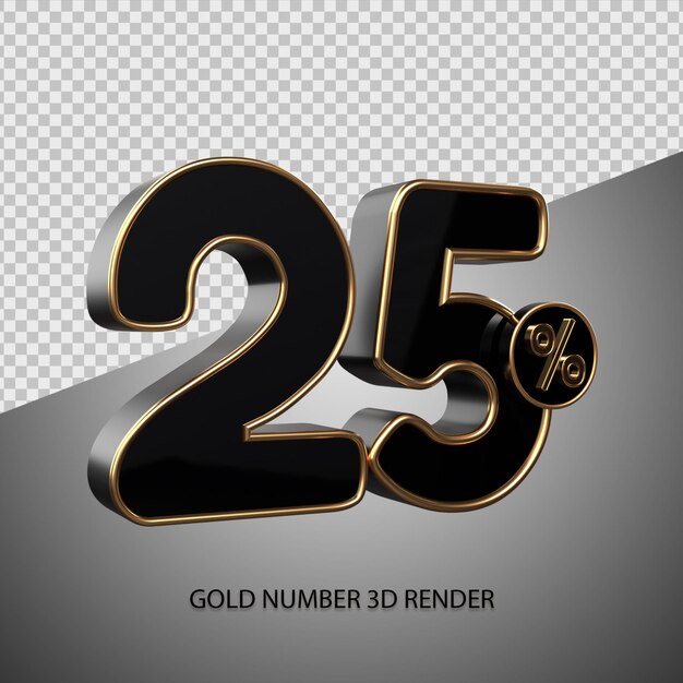 3D render porcentaje número 25 color negro y bisel dorado en venta descuento, viernes negro, progreso