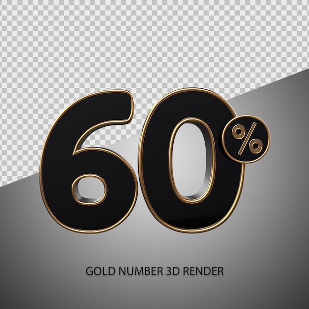 3D render porcentaje número 60 color negro y bisel dorado para descuento de venta, viernes negro, progreso