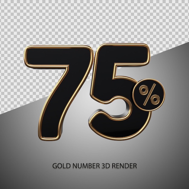 3D render porcentaje número 75 color negro y bisel dorado para descuento de venta, viernes negro, progreso