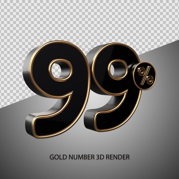 3D render porcentaje número 99 color negro y bisel dorado para descuento de venta, viernes negro, progreso