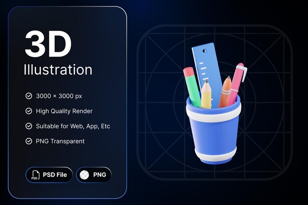3D Render Portalápices Educación Concepto Moderno Icono Ilustraciones Diseño