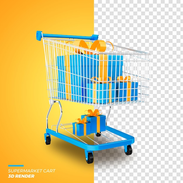 PSD 3d render de promoción de venta de carro de supermercado aislado