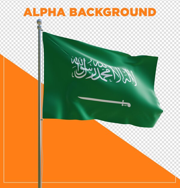 3d render PSD de la bandera realista de Arabia Saudita con el poste