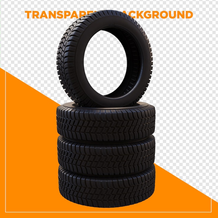 PSD 3d render quatro pneus pretos com fundo transparente