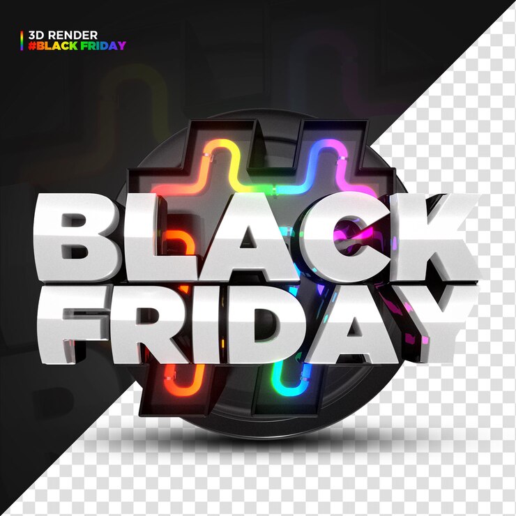 PSD 3d render rainbow black friday label con luces led isoleted para composición