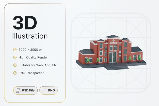 3D Render Red School Building Linker Winkel Konzept Modernes Design