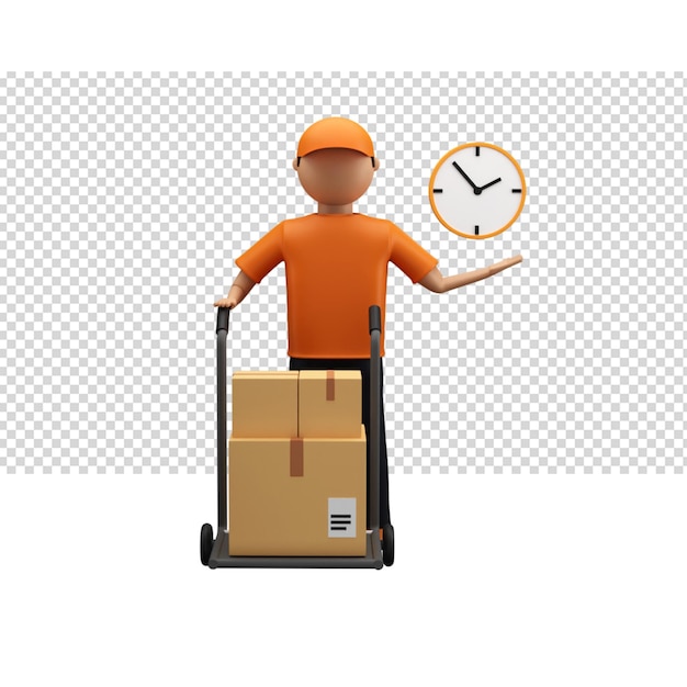 3d render de repartidor sin rostro sosteniendo carro de cajas y reloj sobre fondo blanco png