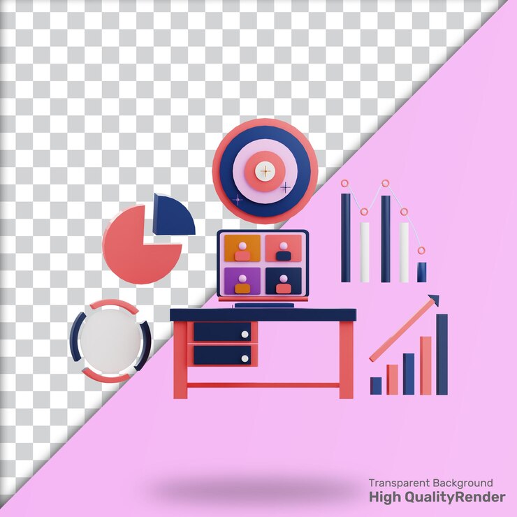 PSD 3d render reunión en línea fondo rosa y azul con una imagen de una computadora y un gráfico