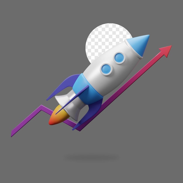 PSD 3d render rocket com gráfico para cima