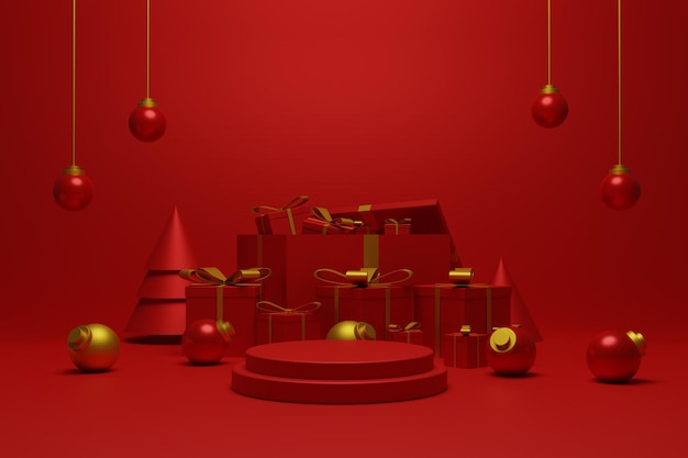 3d render rojo podio navidad para exhibición de productos