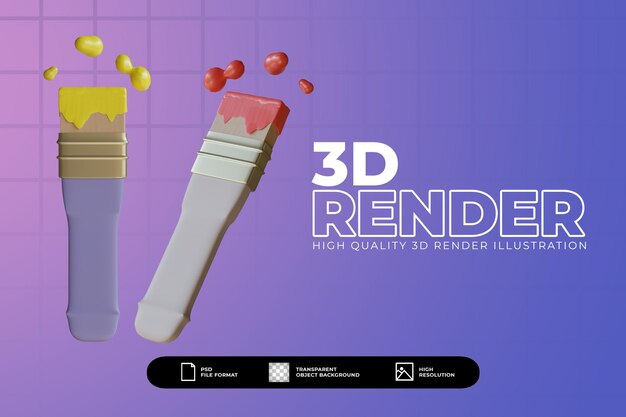 3d-render roter und gelber pinsel-icon-set