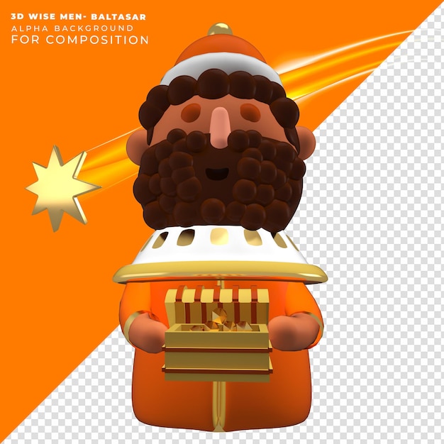 3d, render, sabios, carácter, baltasar, tenencia, un, pecho