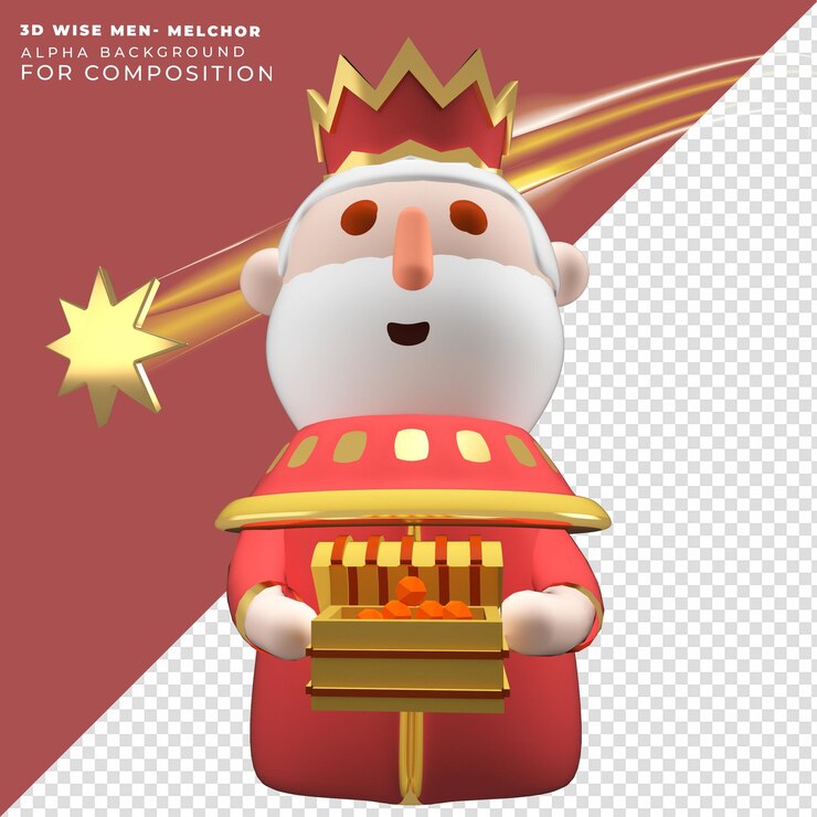 PSD 3d, render, sabios, carácter, melchor, tenencia, un, cofre