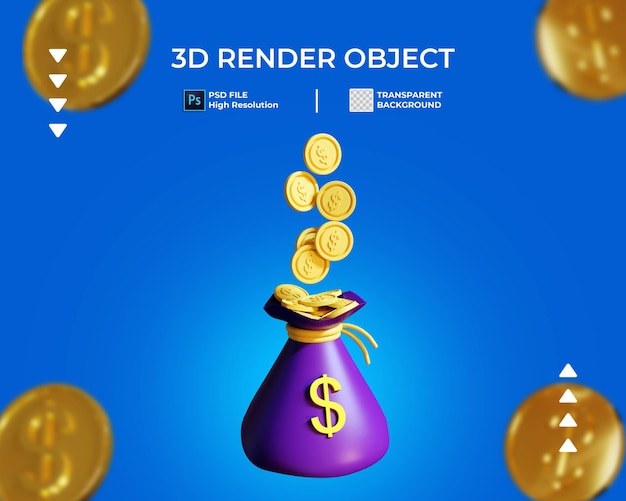 3d render de saco de monedas de oro icono aislado