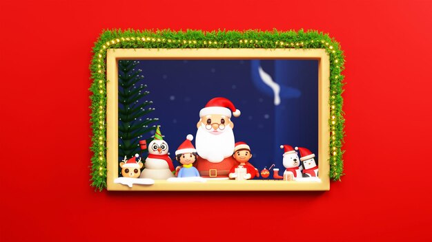 PSD 3d render de santa claus con niños muñeco de nieve animal divertido mirando hacia afuera desde la ventana decorativa sobre fondo rojo.