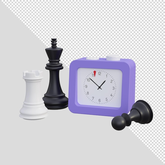 3d-render-schach mit zeitschaltuhr schwarz und weiß