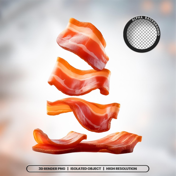 PSD 3d-render-schnitte bacon-stücke fleisch-element-ikonen psd png