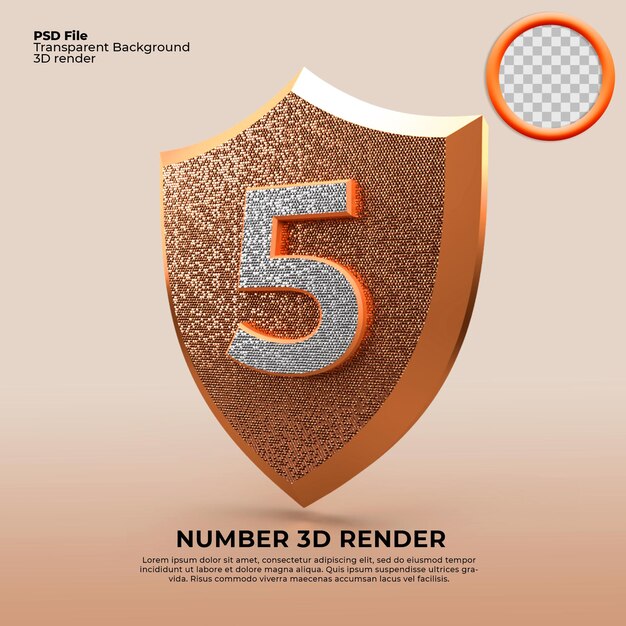 3D Render scudo numero 5 stile oro