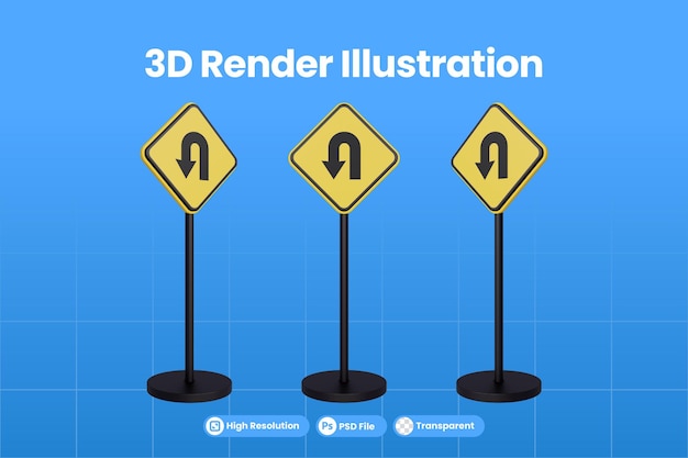 3d render señales de tráfico de triángulo amarillo señal de advertencia símbolo de tráfico de giro en u psd premium