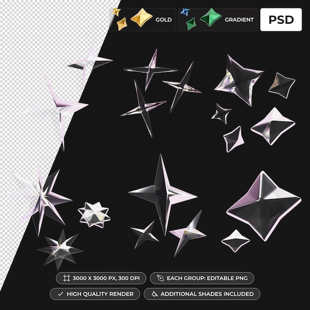 3d render set di diverse scintille e stelle