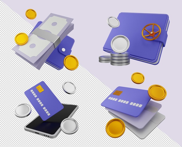 PSD 3d render set púrpura cartera monedas de oro tarjetas de crédito pago móvil seguro