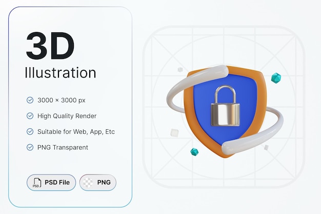 3D Render Shield Object Cyber Security para aplicaciones de diseño moderno y web