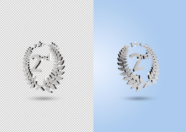3D-Render Silberlaurelkranz mit zweiter Nummer das Konzept für den zweiten Platz Preis