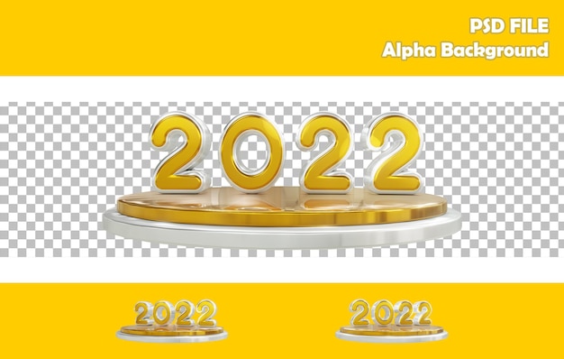 3D Render Silver and Gold 2022 Ano Novo no fundo Podium Alpha