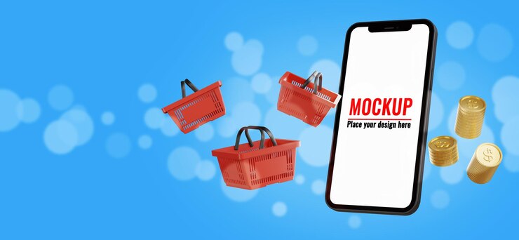 PSD 3d render de smartphone con cesta de compras en línea concepto sobre fondo azul.