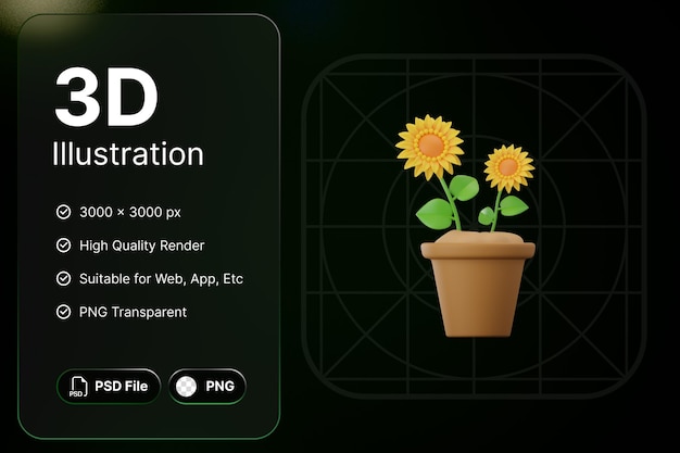 3d render sol flor planta concepto moderno icono ilustraciones diseño