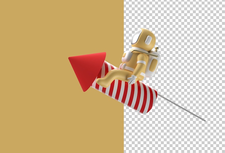 PSD 3d render spaceman astronaut fliegt mit feuerwerkskörper-rakete