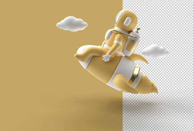 3d render spaceman astronaut flying with rocket transparent psd file.